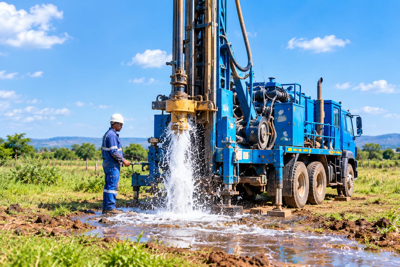 Borehole drilling equipment at a water project site