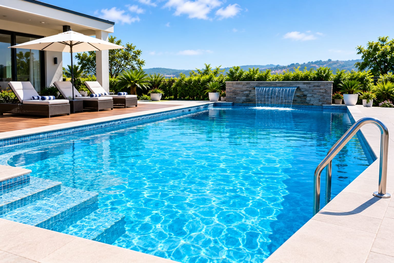 Completed swimming pool with clear water and finished surroundings